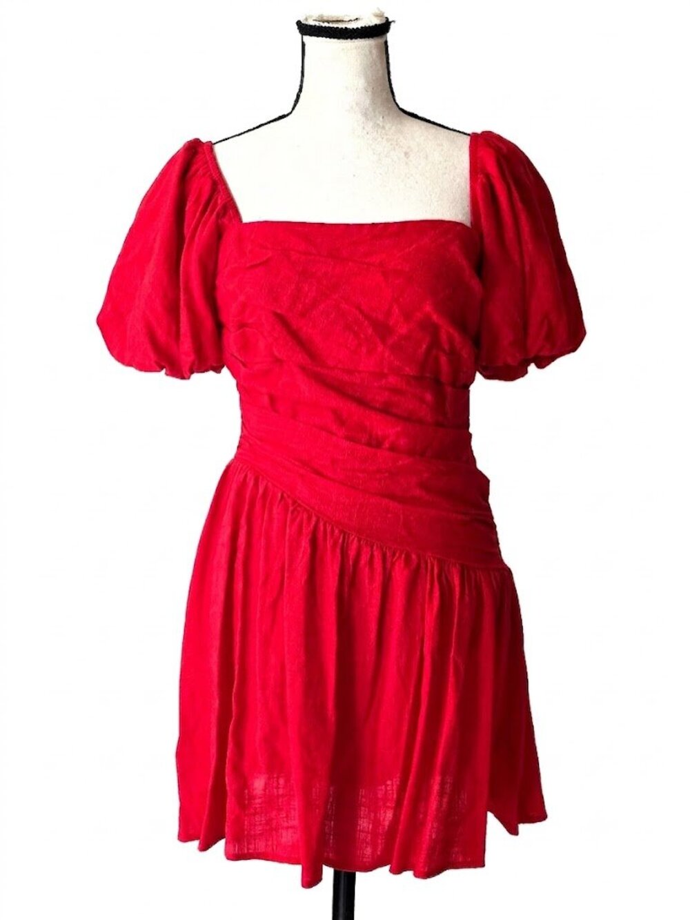 NWT Hello Molly Pretty Pals Red Puff Sleeve Linen Blend Mini Dress Size Small S
